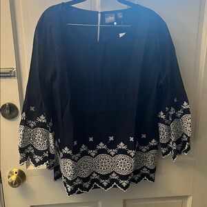 Soho NY & co Women's Navy and White Embroidered Blouse